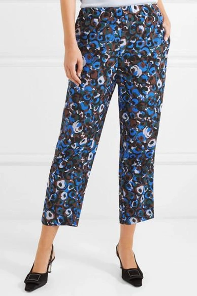 Shop Marni Printed Silk-crepe Slim-leg Pants In Blue