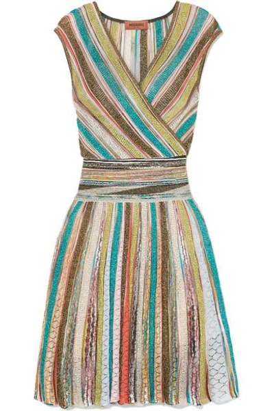 Shop Missoni Wrap-effect Striped Metallic Crochet-knit Mini Dress In Blue