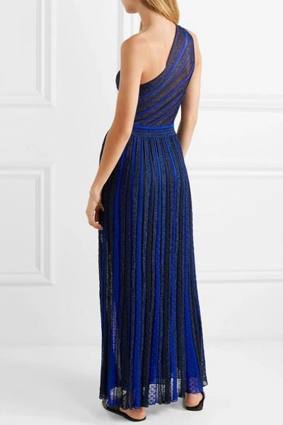 Shop Missoni One-shoulder Striped Metallic Crochet-knit Gown In Blue