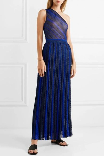 Shop Missoni One-shoulder Striped Metallic Crochet-knit Gown In Blue