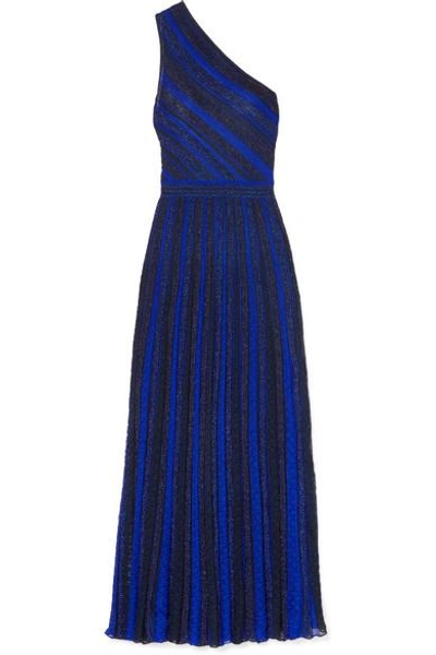 Shop Missoni One-shoulder Striped Metallic Crochet-knit Gown In Blue
