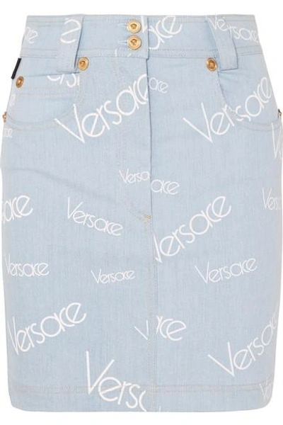 Shop Versace Printed Denim Mini Skirt In Light Denim