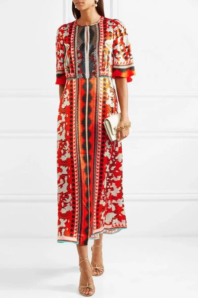 Shop Temperley London Odyssey Lace-trimmed Printed Hammered-silk Midi Dress In Tomato Red