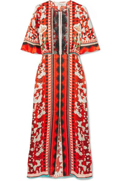 Shop Temperley London Odyssey Lace-trimmed Printed Hammered-silk Midi Dress In Tomato Red