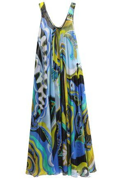 Shop Emilio Pucci Woman Metallic Printed Silk-blend Georgette Coverup Turquoise