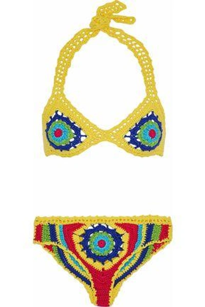 Shop Moschino Woman Crocheted Cotton Triangle Bikini Yellow