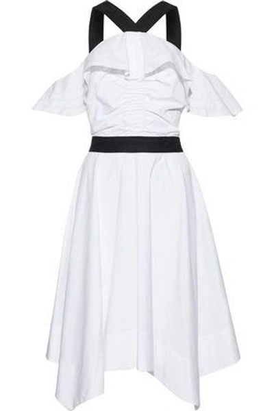 Shop Derek Lam 10 Crosby Woman Cold-shoulder Ruffled Cotton-poplin Dress White