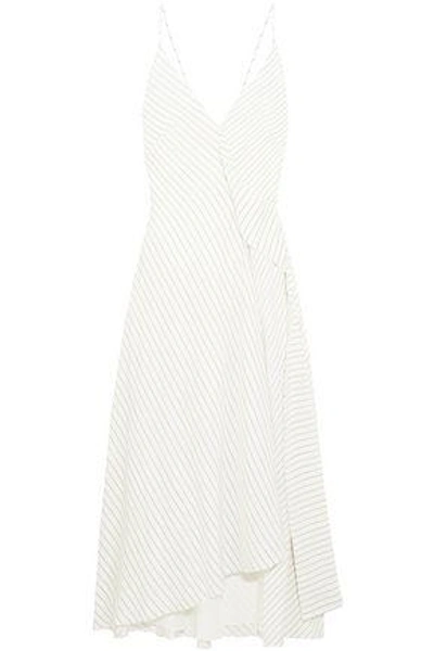 Shop Victoria Beckham Asymmetric Pinstriped Silk Crepe De Chine Midi Dress In White