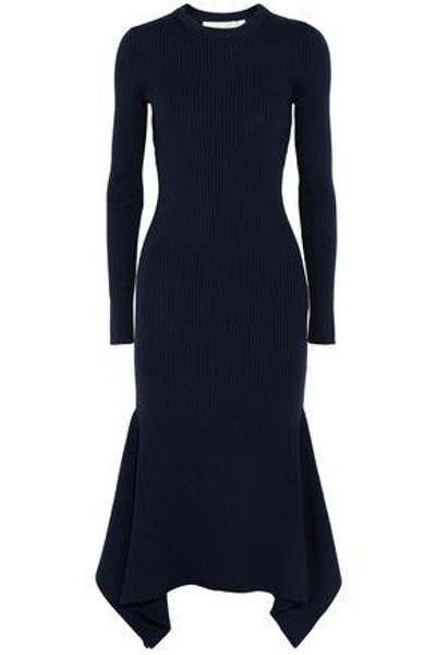 Shop Victoria Beckham Woman Asymmetric Ribbed Wool Midi Dress Navy