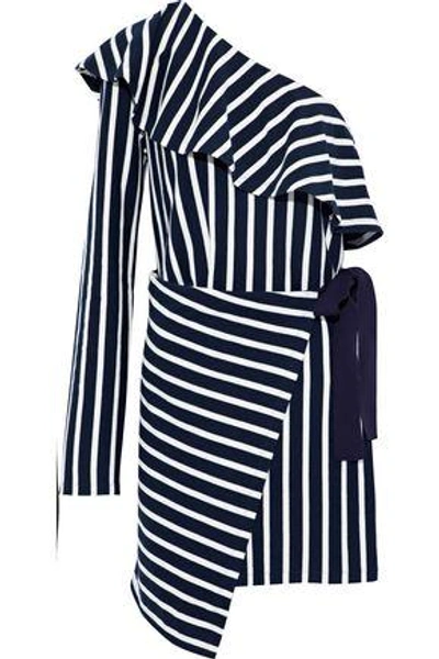 Shop Goen J Goen.j Woman One-shoulder Striped Cotton-jersey Wrap Mini Dress Navy