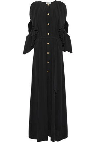Shop Pierre Balmain Woman Cold-shoulder Button-detailed Ruffled Washed-silk Maxi Dress Black