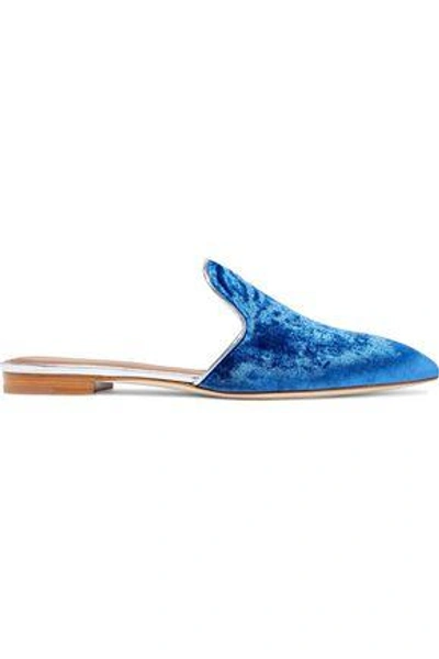 Shop Malone Souliers Woman Marianne Leather-trimmed Crushed-velvet Slippers Blue