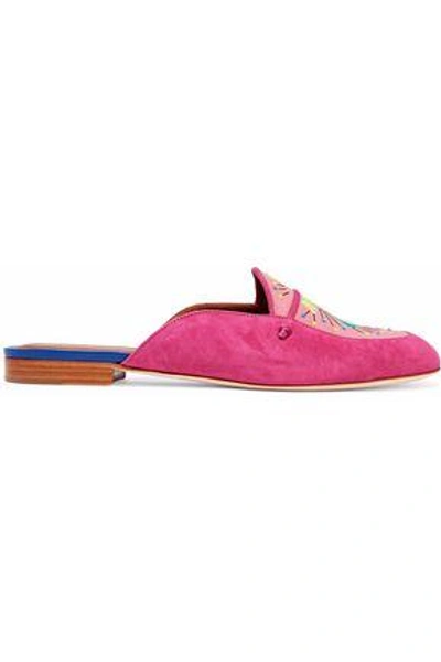 Shop Malone Souliers Woman Neva Embroidered Satin-paneled Suede Slippers Fuchsia