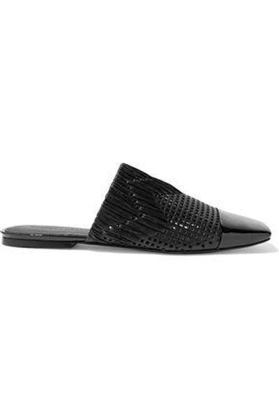 Shop Sigerson Morrison Woman Gallia Raffia-trimmed Perforated Patent-leather Slippers Black