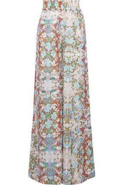 Shop Pierre Balmain Woman Floral-print Cotton And Silk-blend Wide-leg Pants Off-white