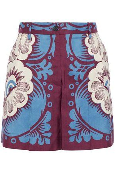 Shop Valentino Pleated Floral-print Silk-twill Shorts In Claret