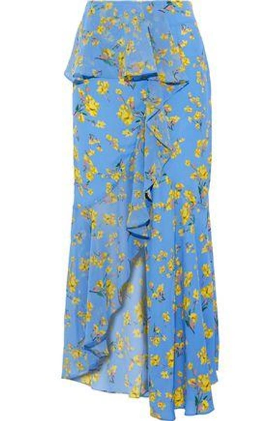 Shop Goen J Woman Draped Floral-print Crepe De Chine Midi Skirt Sky Blue