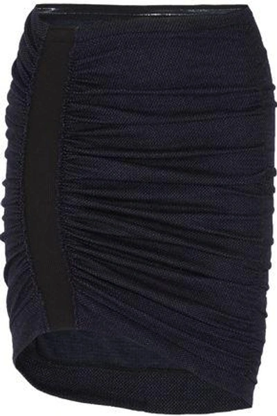 Shop Atlein Ruched Wool And Cotton-blend Tweed Mini Skirt In Indigo