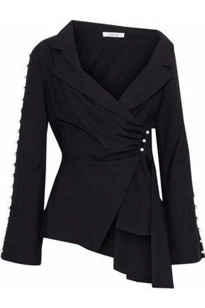 Shop Adeam Woman Asymmetric Faux Pearl-embellished Twill Wrap Top Black
