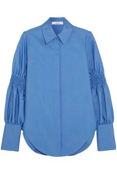 Shop Adeam Woman Smocked Cotton-blend Shirt Azure