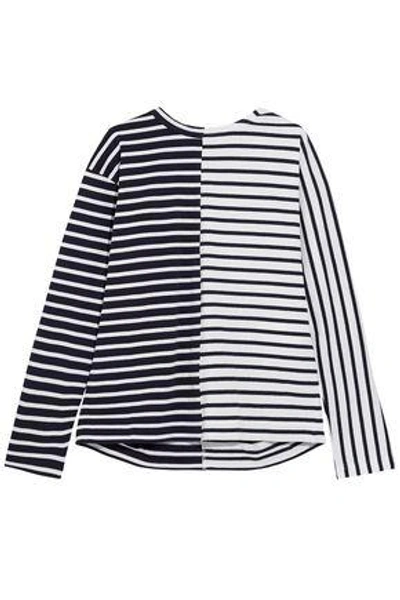 Shop Sacai Woman Lace-up Paneled Striped Cotton Top Navy