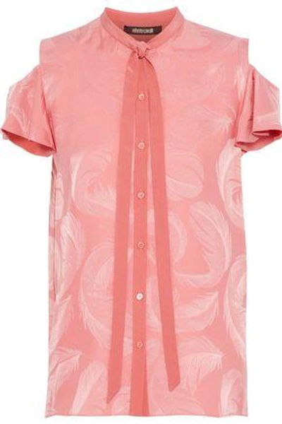 Shop Roberto Cavalli Woman Cold-shoulder Pussy-bow Silk-jacquard Blouse Coral