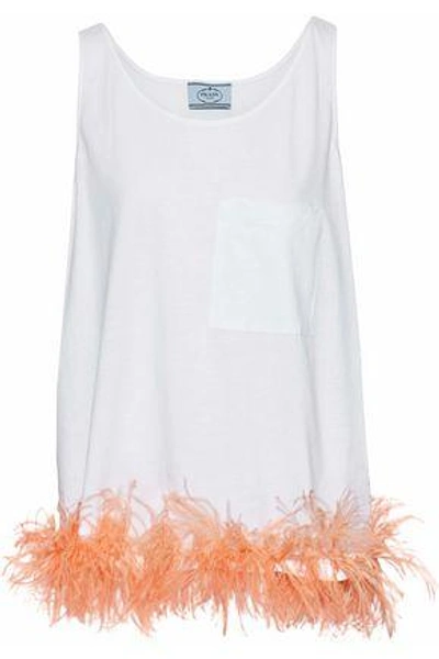 Shop Prada Feather-trimmed Cotton-jersey Top In White