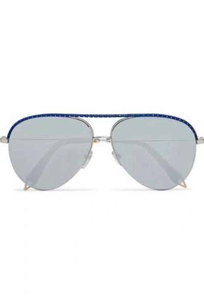 Shop Victoria Beckham Woman Classic Victoria Aviator-style Leather-trimmed Metal And Acetate Sunglasses Cobalt Blue