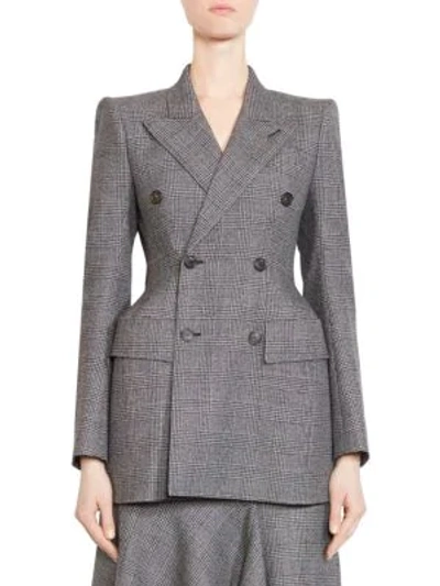 Shop Balenciaga Double-breasted Check Wool Blazer In Beige Noir