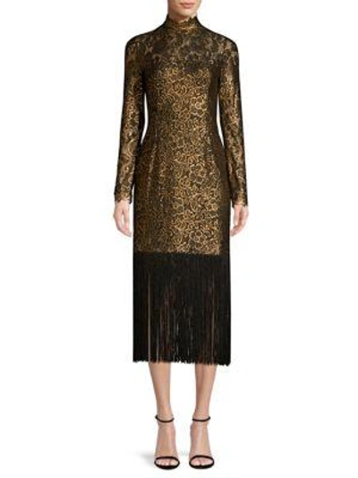 Shop Rachel Zoe Hunter Fringe Jacquard Midi Dress In Black Gold