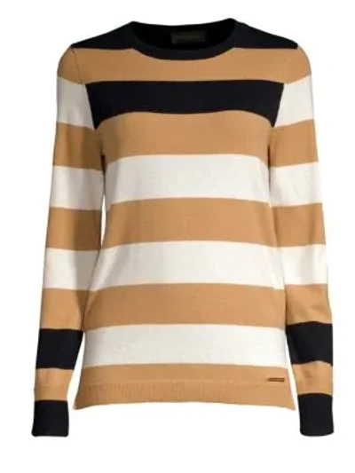 Shop Donna Karan Striped Crewneck Sweater In Camel Combo