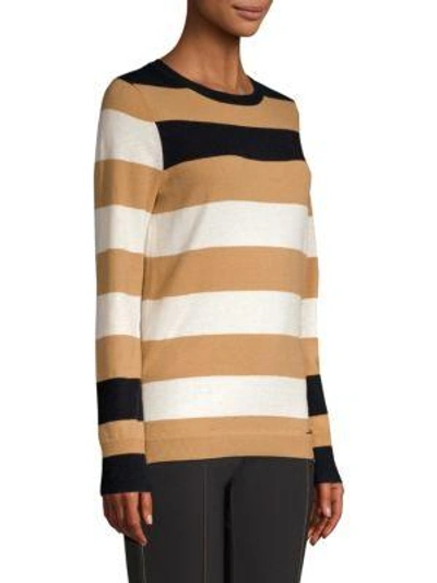 Shop Donna Karan Striped Crewneck Sweater In Camel Combo