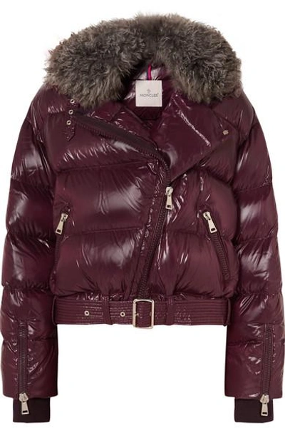 Shop Moncler Shearling-trimmed Quilted Patent-shell Down Jacket In Purple