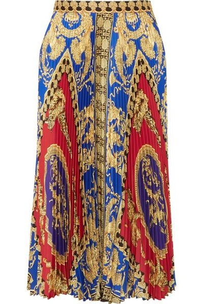 Shop Versace Pleated Printed Satin Midi Skirt