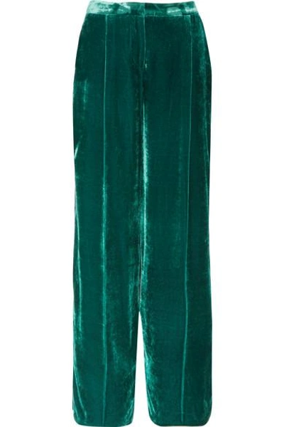 Shop Zuhair Murad Satin-trimmed Velvet Wide-leg Pants In Petrol