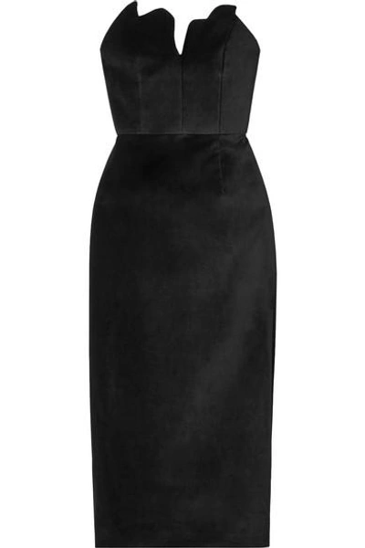 Shop Rosie Assoulin Scalloped Cotton-velvet Midi Dress In Black