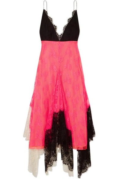 Shop Christopher Kane Asymmetric Color-block Lace Midi Dress In Bright Pink