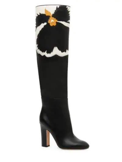 Shop Valentino Garavani Bloom Knee-high Leather Boots In Black