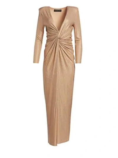 Shop Alexandre Vauthier Sparkly Plunging Column Gown In Fawn