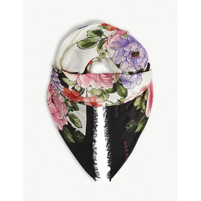 Shop Gucci Floral Print Silk-blend Scarf In Multi