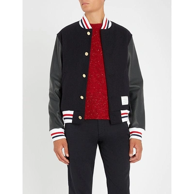 Shop Thom Browne Varsity Wool And Leather Jacket In Navy