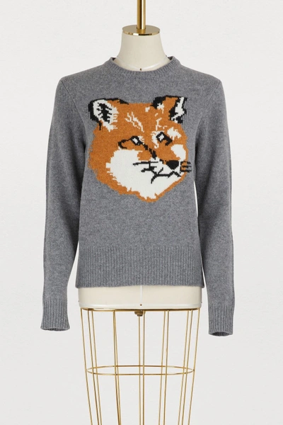 Shop Maison Kitsuné Wool Fox Head Sweater In Grey Melange