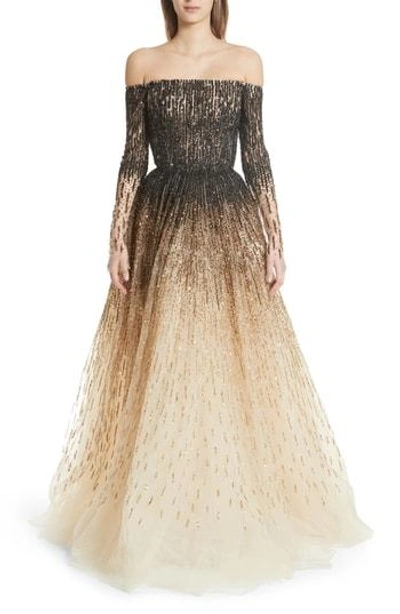 Shop Pamella Roland Sequin Embroidered Ombre Ballgown In Black/ Gold
