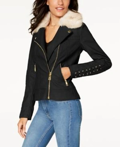 Shop Guess Faux-fur-collar Faux-leather Moto Jacket In Black