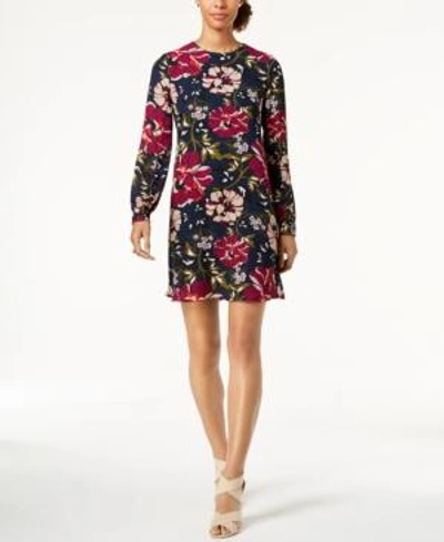 Shop Tommy Hilfiger Floral-print Chiffon A-line Dress In Navy/red Multi