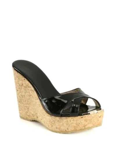 Shop Jimmy Choo Perfume 120 Patent Leather And Cork Wedge Sandals In Black