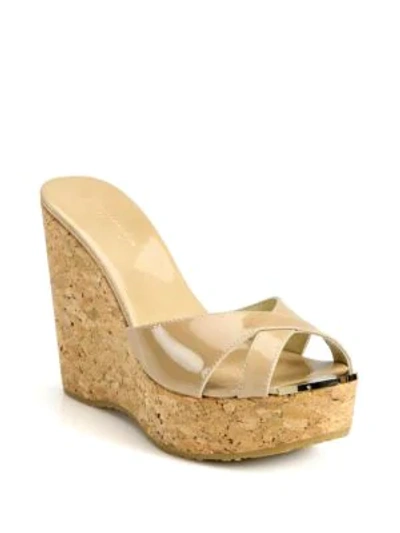Jimmy Choo Perfume 120 Patent Leather And Cork Wedge Sandals In Nude |  ModeSens