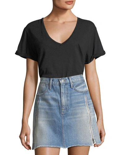 Shop Frame Deep-v Cuffed Short-sleeve Cotton Tee In Black