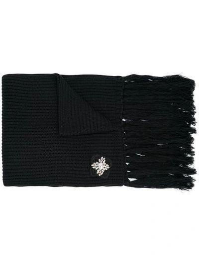 Shop Twinset Twin-set Brooch Ribbed Scarf - Black