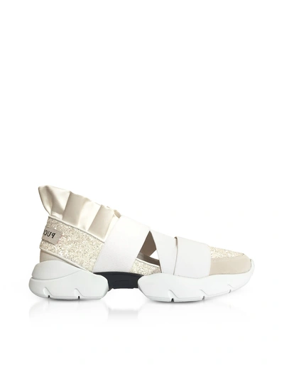 Shop Emilio Pucci White Glitter Nylon Ruffle Sneakers